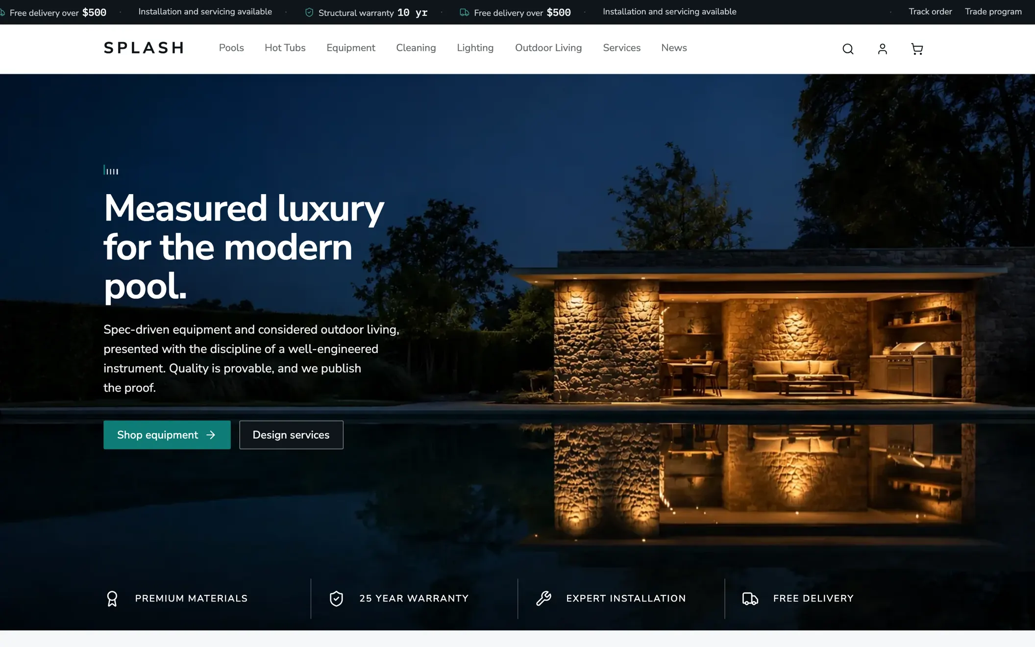 The Splash theme home page: a night photograph of a lit poolhouse with the heading and two controls set in white on its dark left side, and a row of four claims beneath.